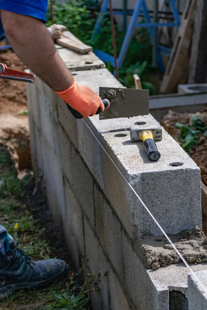 Montage d’un mur en blocs béton au cordeau, avec truelle et niveau