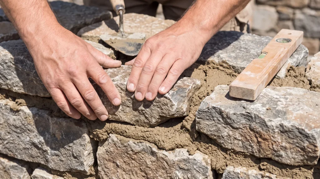 Moellons de granit calés à la main dans le mortier, règle de niveau posée sur le mur